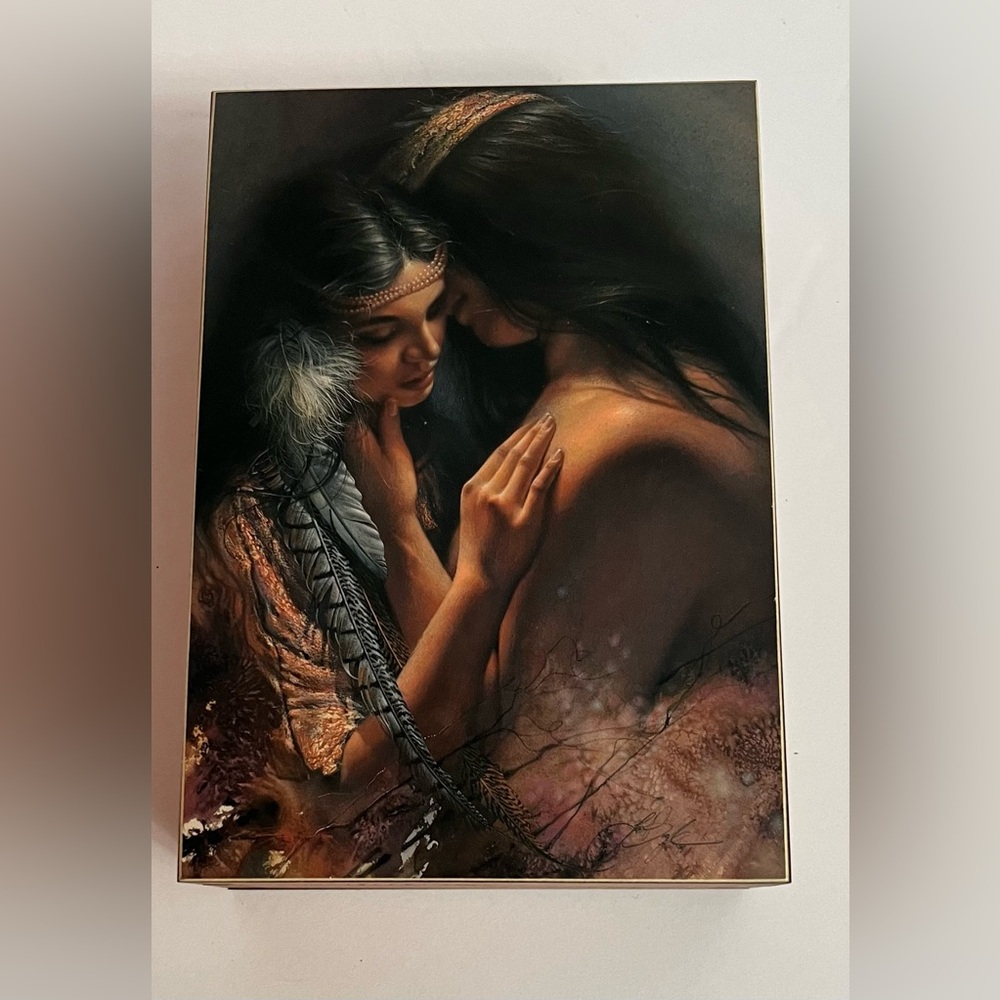 Romantic Native Couple Embrace Cedar Jewelry Trinket Box